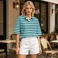 thumbnail image 4 of Domzest Womens Polo Shirts Short Sleeve Striped Button Lapel Collared Tops Oversized Business Casual Basic Tees Dark Green XL, 4 of 5