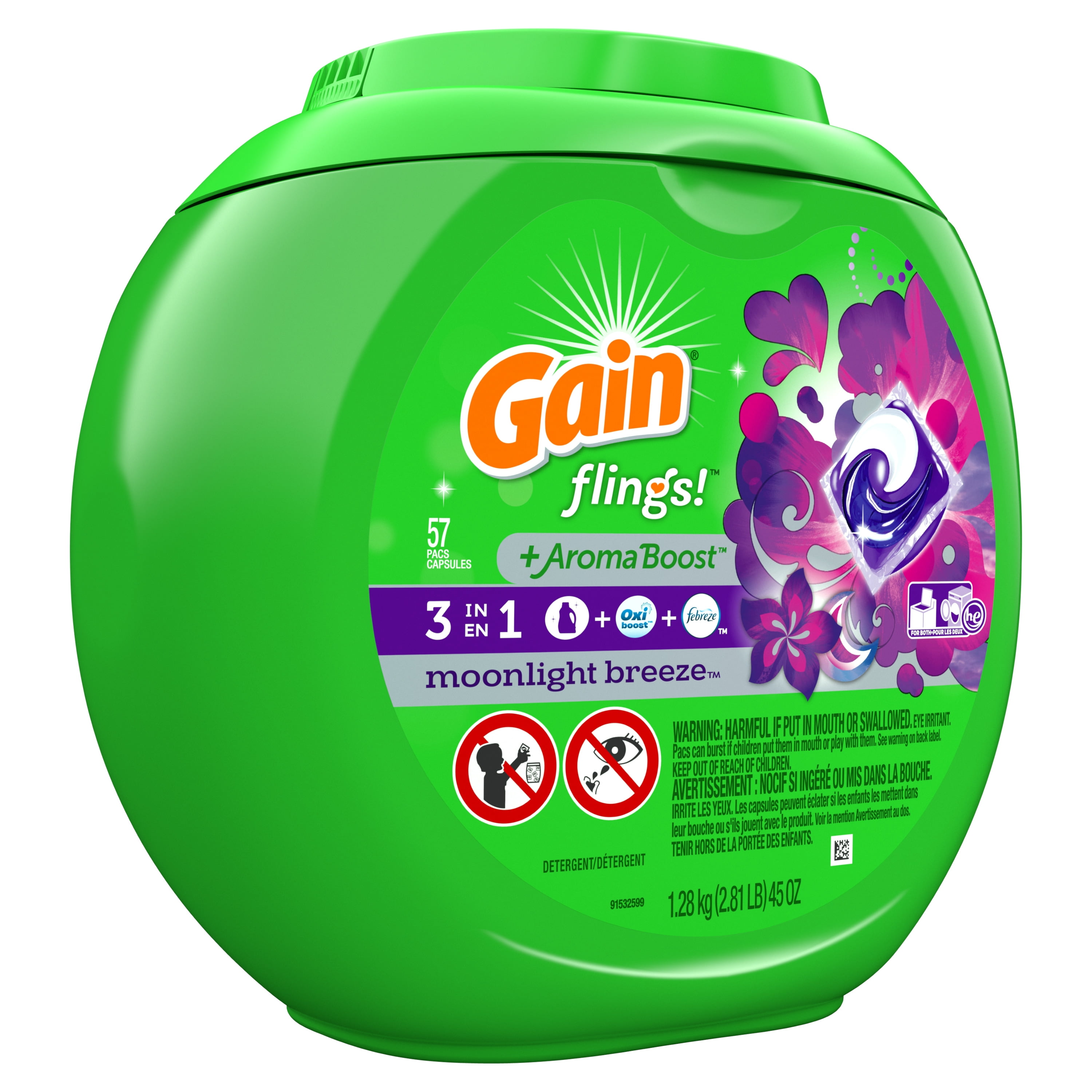 Gain flings! plus Aroma Boost Laundry Detergent Pacs, Moonlight Breeze, 57 Count