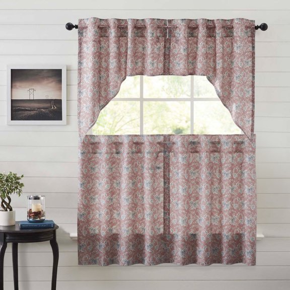 VHC Brands Kaila 4 PC Dusty Rose Curtain Set (2 Swag 36x16 and 2 Tier 36x36)