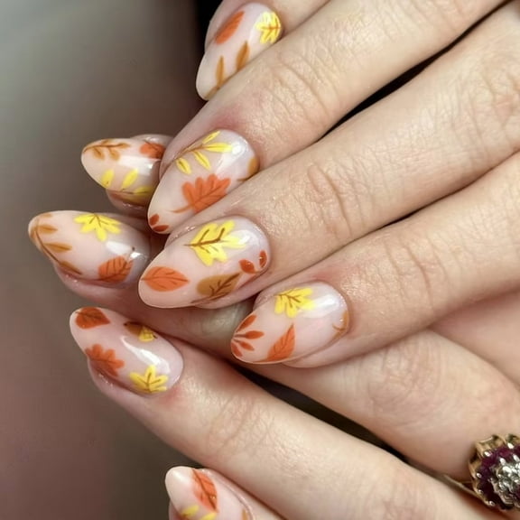 Fall Press on Nails 24PcsHa110weenAlmond Stick On Nails with Orange Maple Leaf for Women Thanksgiving Nail Art