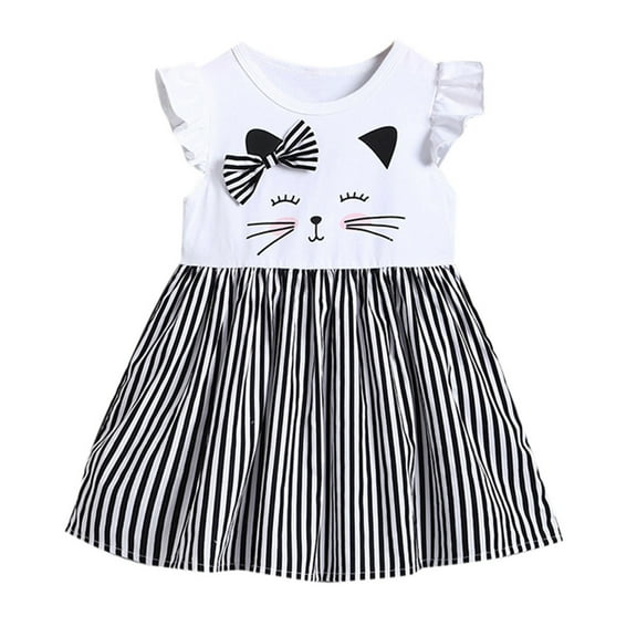 XXWXYD Toddler Dress Sleeveless Cat Printed Striped Summer Cute Ruffle Casual Dress for Baby Infant 6M-3T Playwear