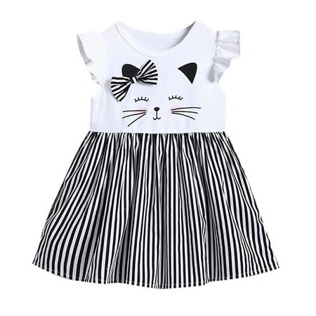 

Girls Dresses Kid Baby Sleeveless Cat Printed Striped Princess Clothes Dresses For Girls