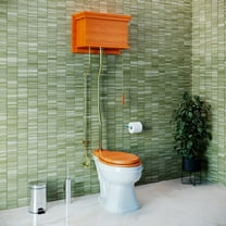 Renovators Supply High Tank Pull Chain Toilet w/Light Mahogany Wooden Flat High Tank 59" to 74" Adjustable Height Brass Z Pipe and Elongated Toilet Bowl