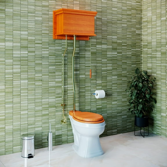 Renovators Supply High Tank Pull Chain Toilet w/Light Mahogany Wooden Flat High Tank 59" to 74" Adjustable Height Brass Z Pipe and Elongated Toilet Bowl