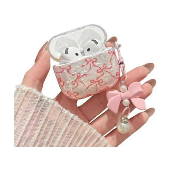 wonima88 Cute Glitter AirPods 4 Case with Shell Pattern & Bow Design | Protective Shockproof | Bowknot Pearl Keychain | for Women Girl | for Apple Airpods 4 | Pink