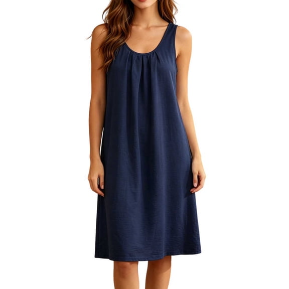 Qingpeng Womens Round Neck Nightgown Sleeveless Pleated Chest Baggy Breathable Dress Perfect for Nights and Casual Lounging