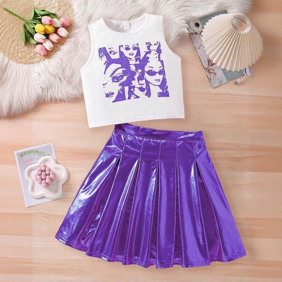 SONGGE Stylish Abstract Print Girls O-Neck Vest And Satin Letter Skirt Two Piece Outfit Sets Toddlers Kids Back To School Leisure Clothing Sets