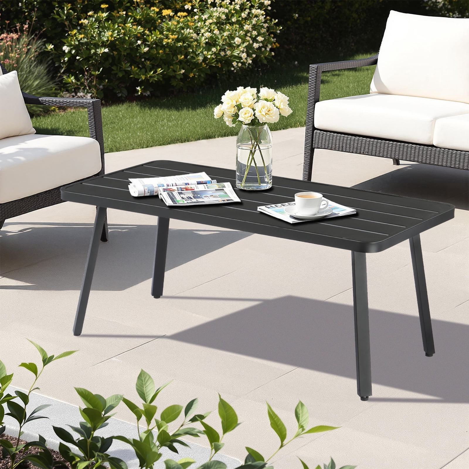 Ktaxon Outdoor Patio Coffee Table, Patio Steel Side Table Weather Resistant,  Rectangle Metal Table for Outdoor Patio Balcony Porch Living Room, Black