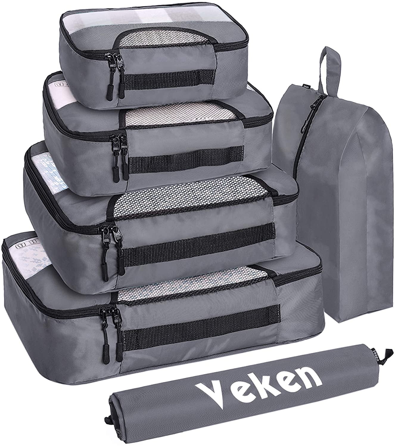 Ash Gray Veken 6 Set Packing Cubes Travel Suitcase Luggage Organizers with Laundry Bag & Shoe Bag 