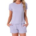 thumbnail image 1 of Conjunto de pijama para mujer INSPIRE CHIC de manga corta con cuello redondo y pantalones cortos con volantes, 2 piezas, conjunto de lounge con bolsillo, XS, púrpura, 1 of 6