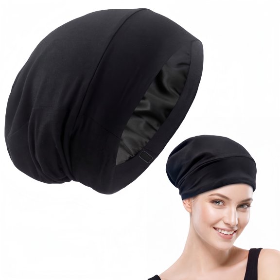 Satin Lined Bonnet Sleep Cap for Curly Hair Protection - Adjustable Slouchy Beanie Hair Wrap, Stays On All Night, Black