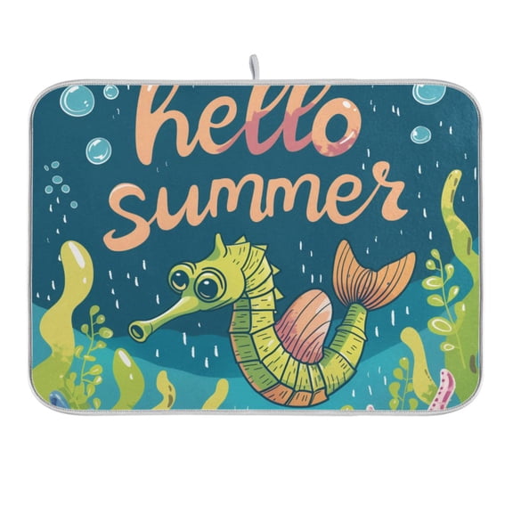 Hello Summer Seahorses Dish Drying Mat 16x18 Absorbent Microfiber Draining Rack Pad for Kitchen Counter Sink