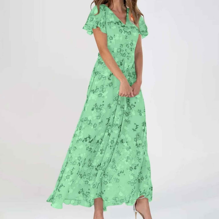JYLPZYR Petite Summer Dresses For Women Women'S Fashionable Summer Casual  Floral V Neck Short Sleeved Long Dress Long(Green,L) - Walmart.com