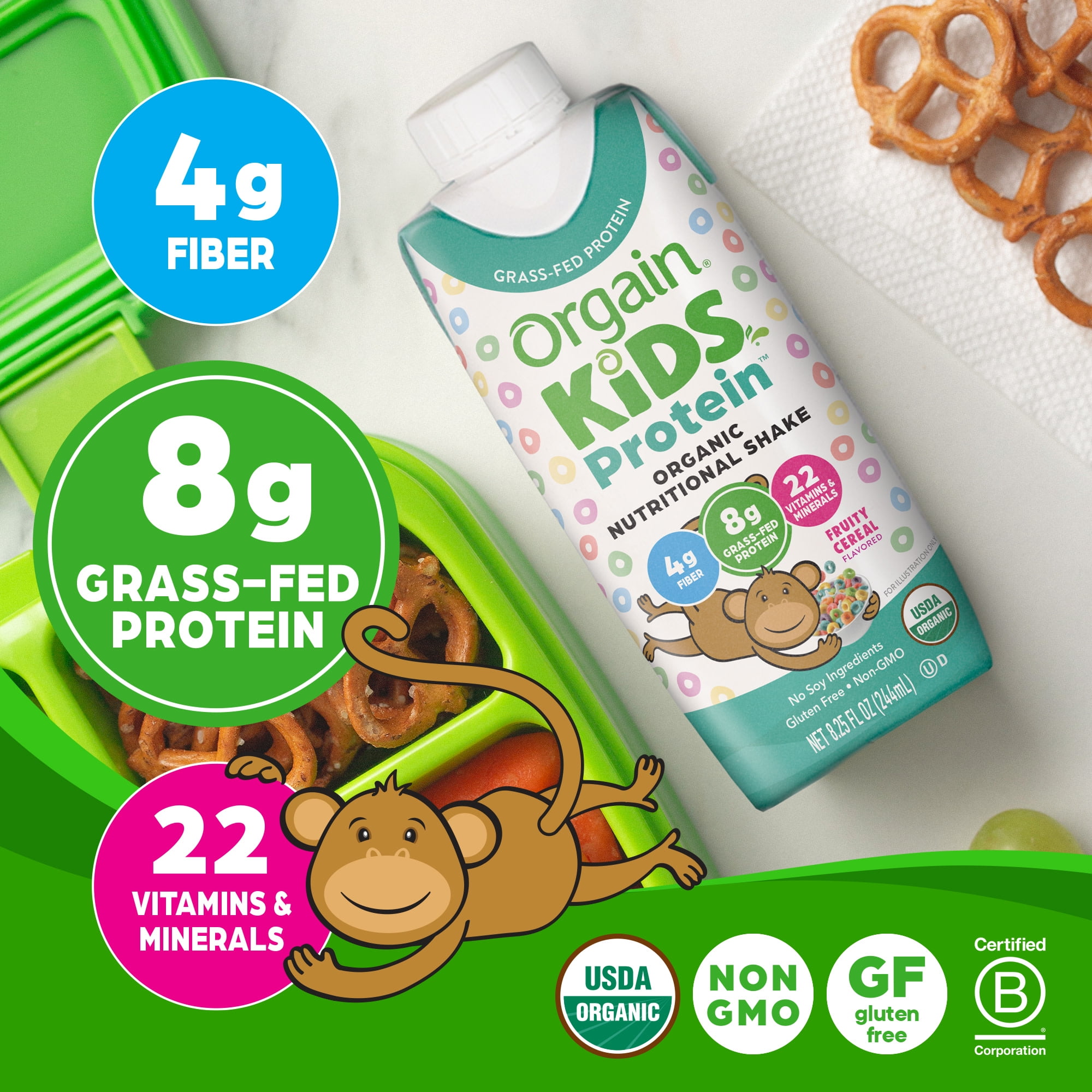 Orgain Organic Kids 8g Protein Nutritional Shake Drink, Fruity Cereal, 4ct