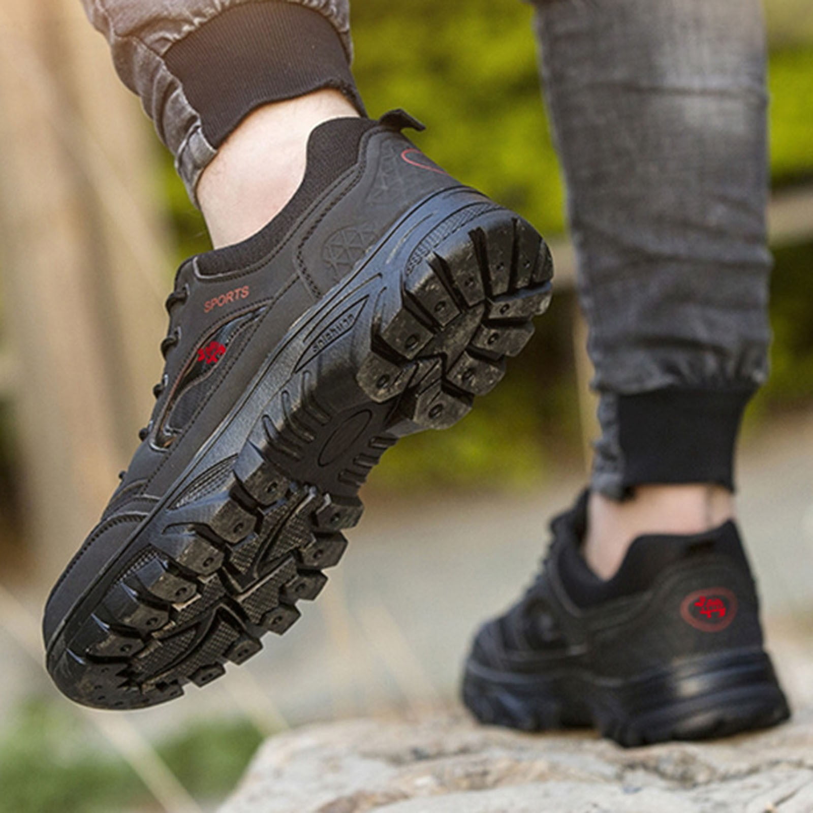 Black Men'S Hiking Shoes Round Toe Anti Slip Wear Resistant Comfortable Lightweight Outdoor Walking Footwear For All Seasons And Activities Size 41