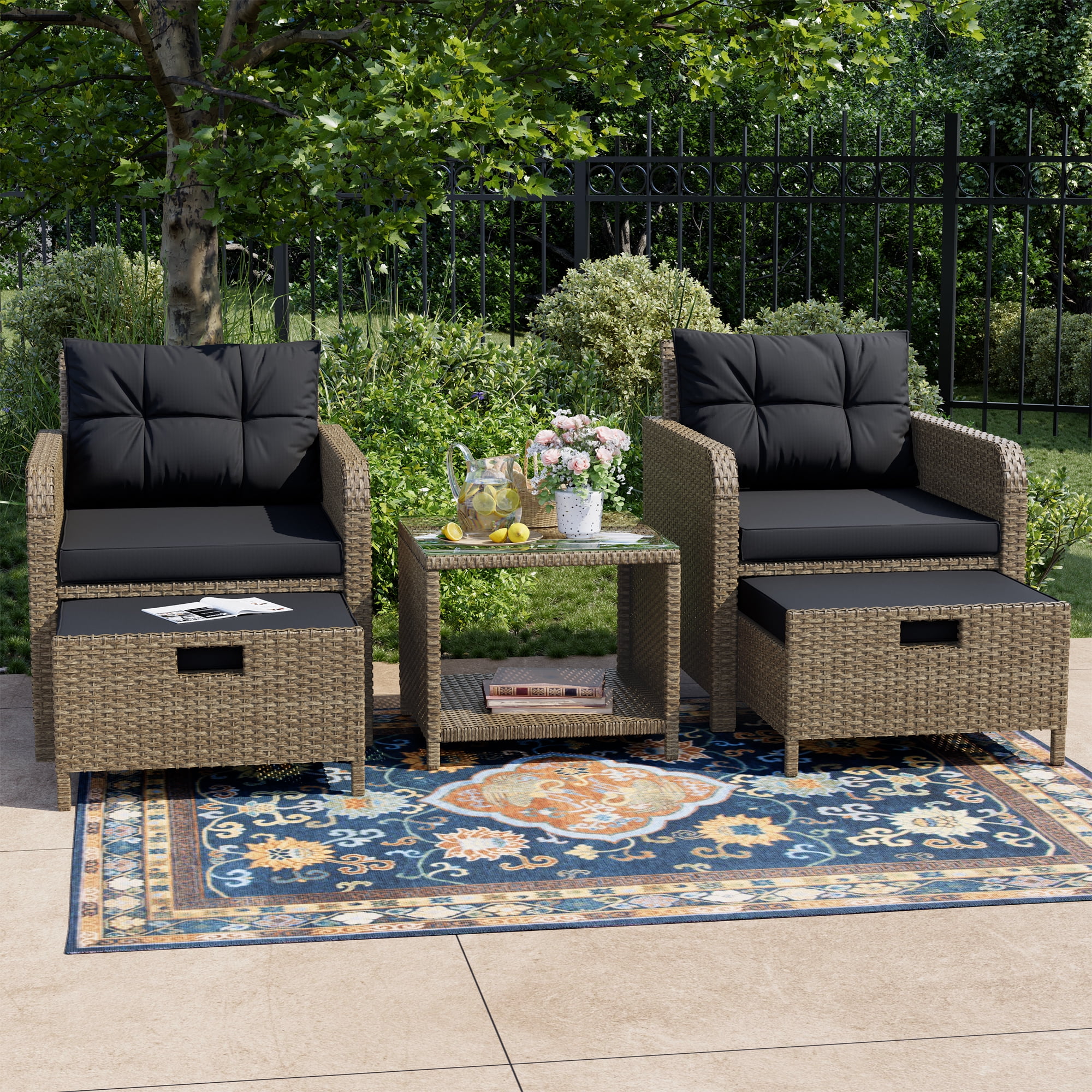 LHBcraft Balcony Furniture 5 Piece Patio Conversation Set, PE Wicker Rattan Outdoor Lounge Chairs with Soft Cushions 2 Ottoman&Glass Table for Porch, Lawn-Yellow Wicker