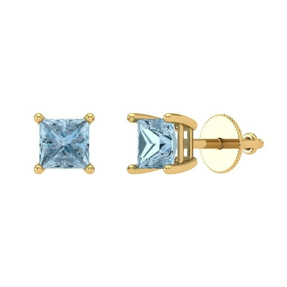 1 ct Screw-Back Stud Earrings for Women | 4.5mm Princess Cut Natural Swiss Blue Topaz | 18K Yellow Gold