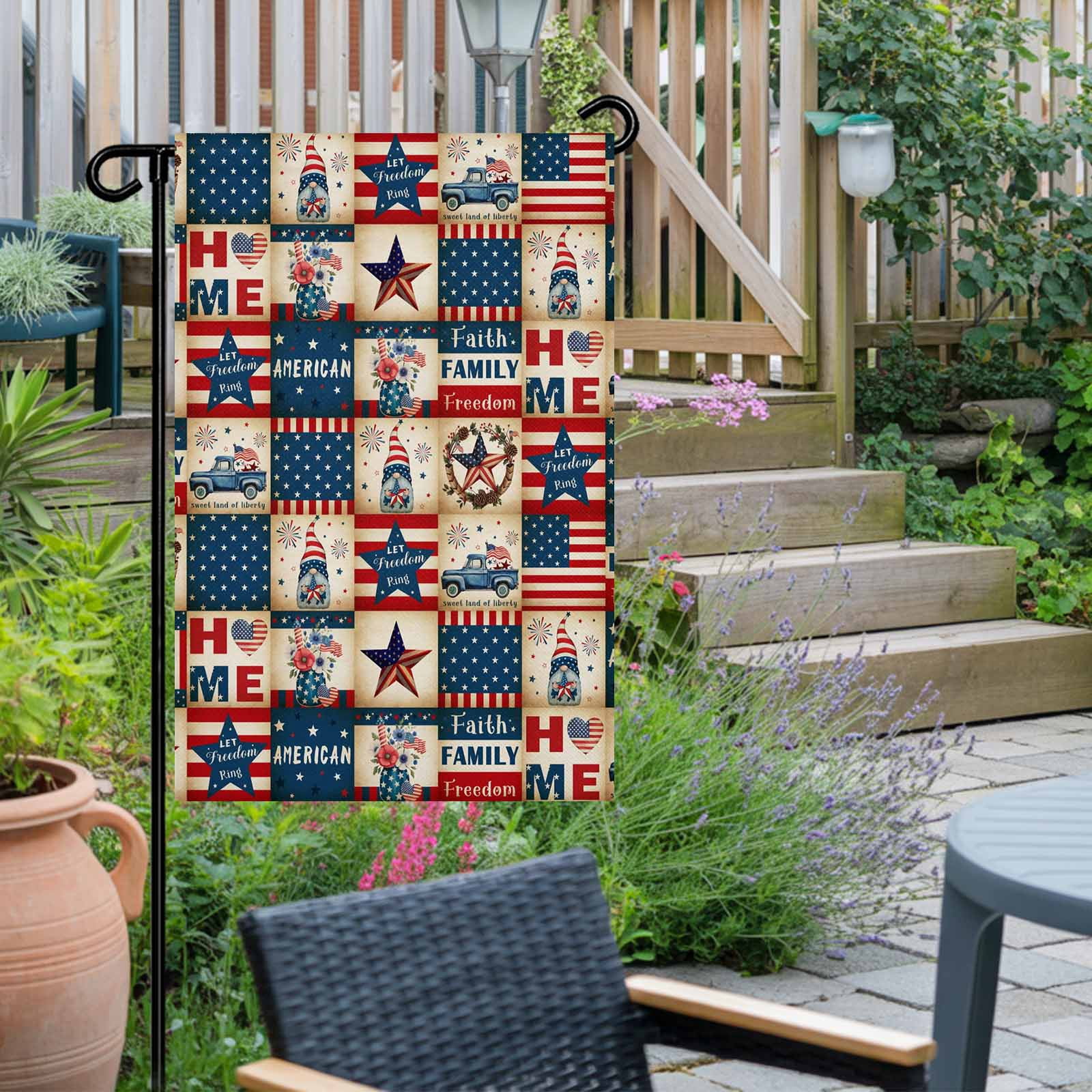 4th of July Garden Flags Patriotic Stars USA Flag Garden Flag Double Sided Welcome Flag Blue Red White Stripes Gnome Independence Day Yard Flags for Outdoor Lawn Porch Memorial Day Decor 28x40 Inch