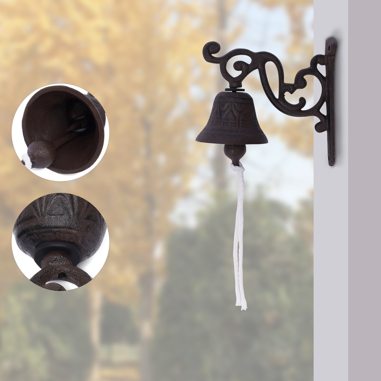 13.5*13.5cm Cast Iron Door Bell Wall Mounted Vintage Faux Bronze Outside Decorative Accent Bells with Practical Rope