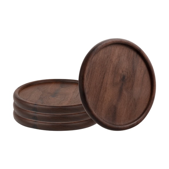 Aspire 4 Pcs Wood Coasters for Drinks, Grooved Walnut Coaster Set for Coffee Table, Office, Bar, Tabletop Protection - Round