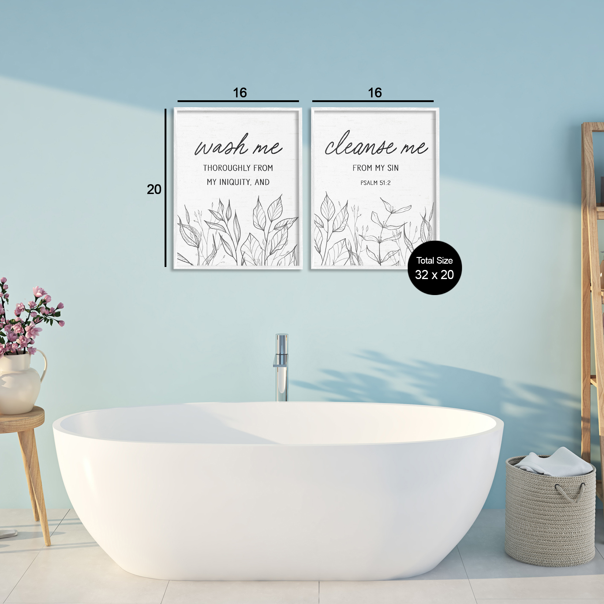 Wash & Cleanse Me Scripture 2 Piece White Framed Giclee Art Set, design by Lettered and Lined