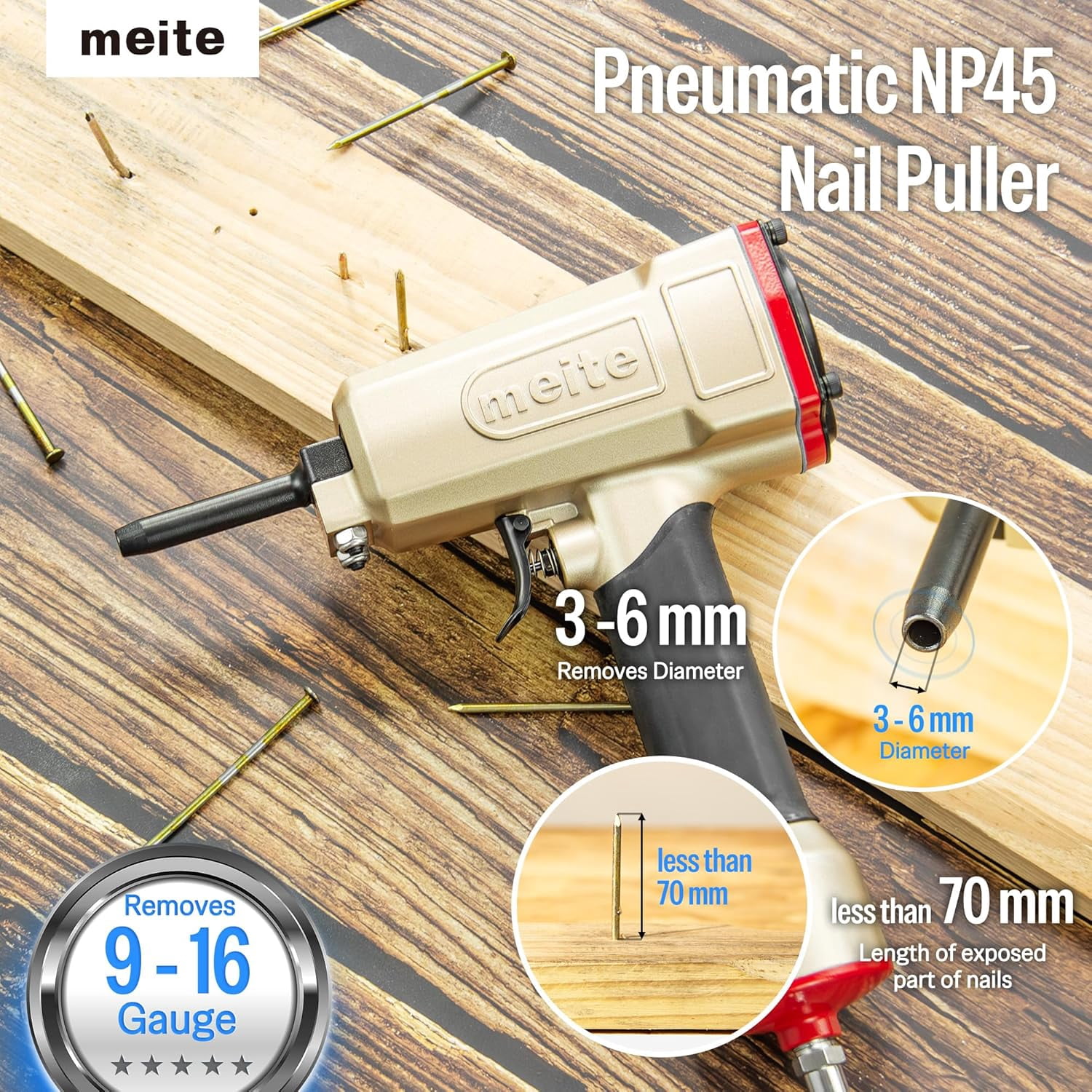 MEITE Pneumatic Nails Puller Gun NP45 Professional Air Punch Nails Remove Nailer 70-100 PSI
