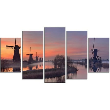 Orange Windmill - Design Art 'Windmills at Sunrise Panorama' Photographic Print Multi-Piece Image on Canvas