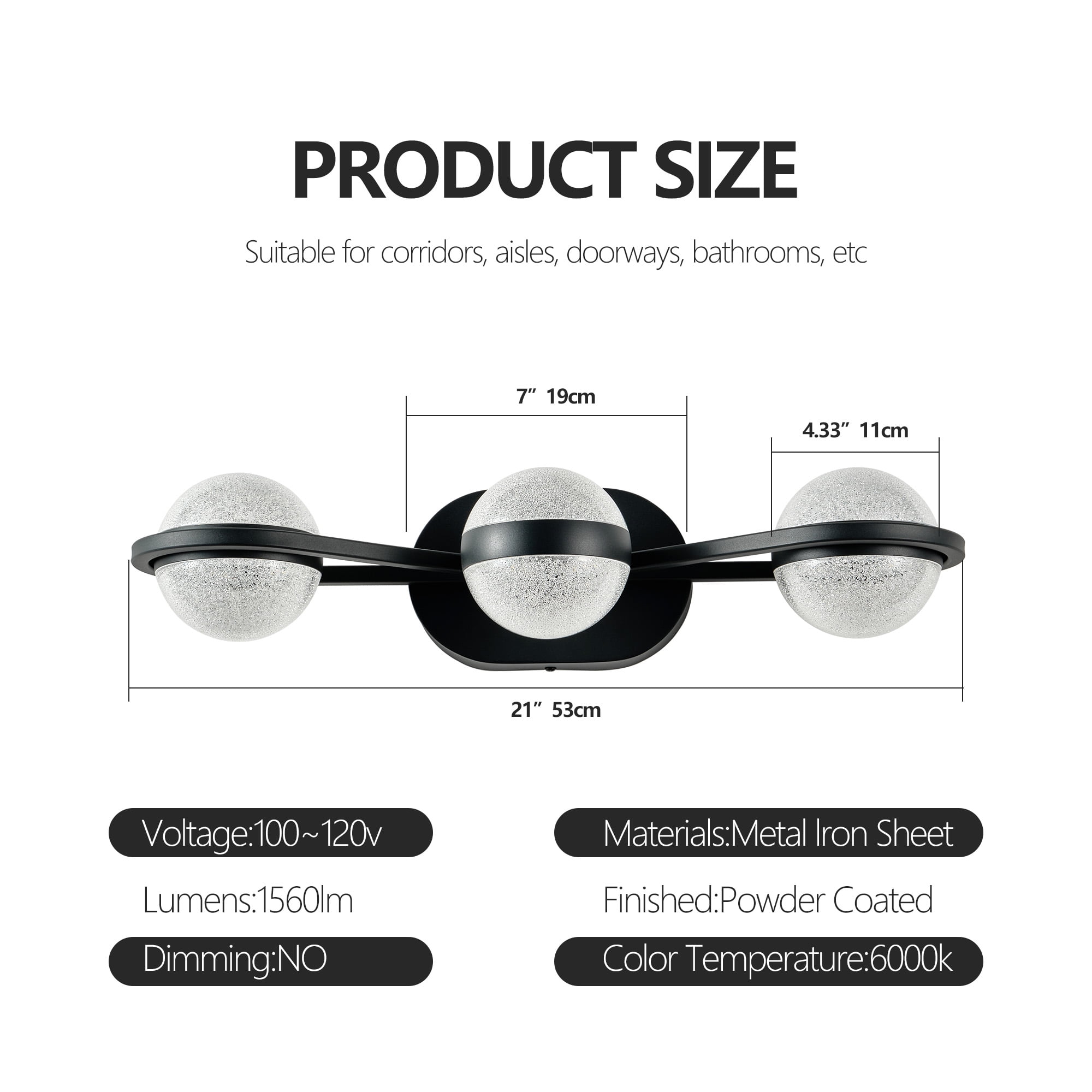 Bathroom Vanity Light, LED 3 Bulb Crystal Sand Acrylic Shades, Wall Mounted Decorative Lighting Fixture, Suitable for Bathroom Vanity Mirror (Black)
