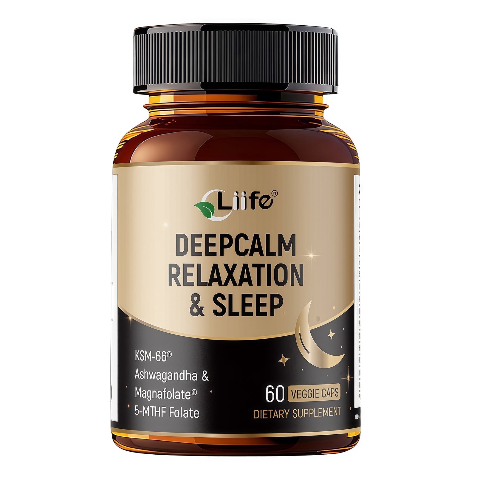 LIIFE DeepCalm Relaxation & Sleep Supplement with KSM-66 Ashwagandha, GABA, L-Theanine & 5-MTHF Folate, Supports Calm Mood & Healthy Sleep Cycle, 60 Veggie Capsules