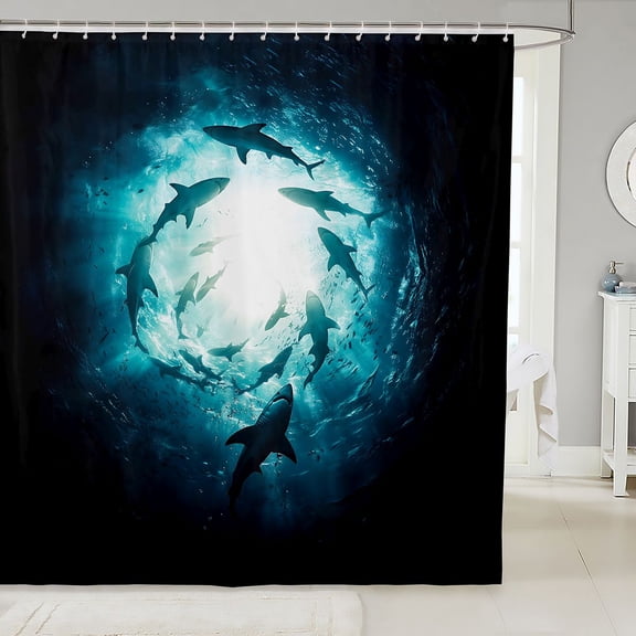 Manfei Underwater Shark Shower Curtain 72Wx72L, Deep Ocean Animal Bathroom Curtain, Teal Blue