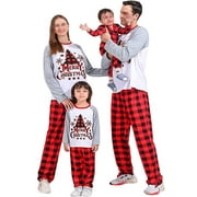 SHIBAOZI Family Christmas Pajamas Matching Sets Xmas Tree Print Long-Sleeved Pullover Tops + Plaid Trousers/Jumpsuit for Kids Adult