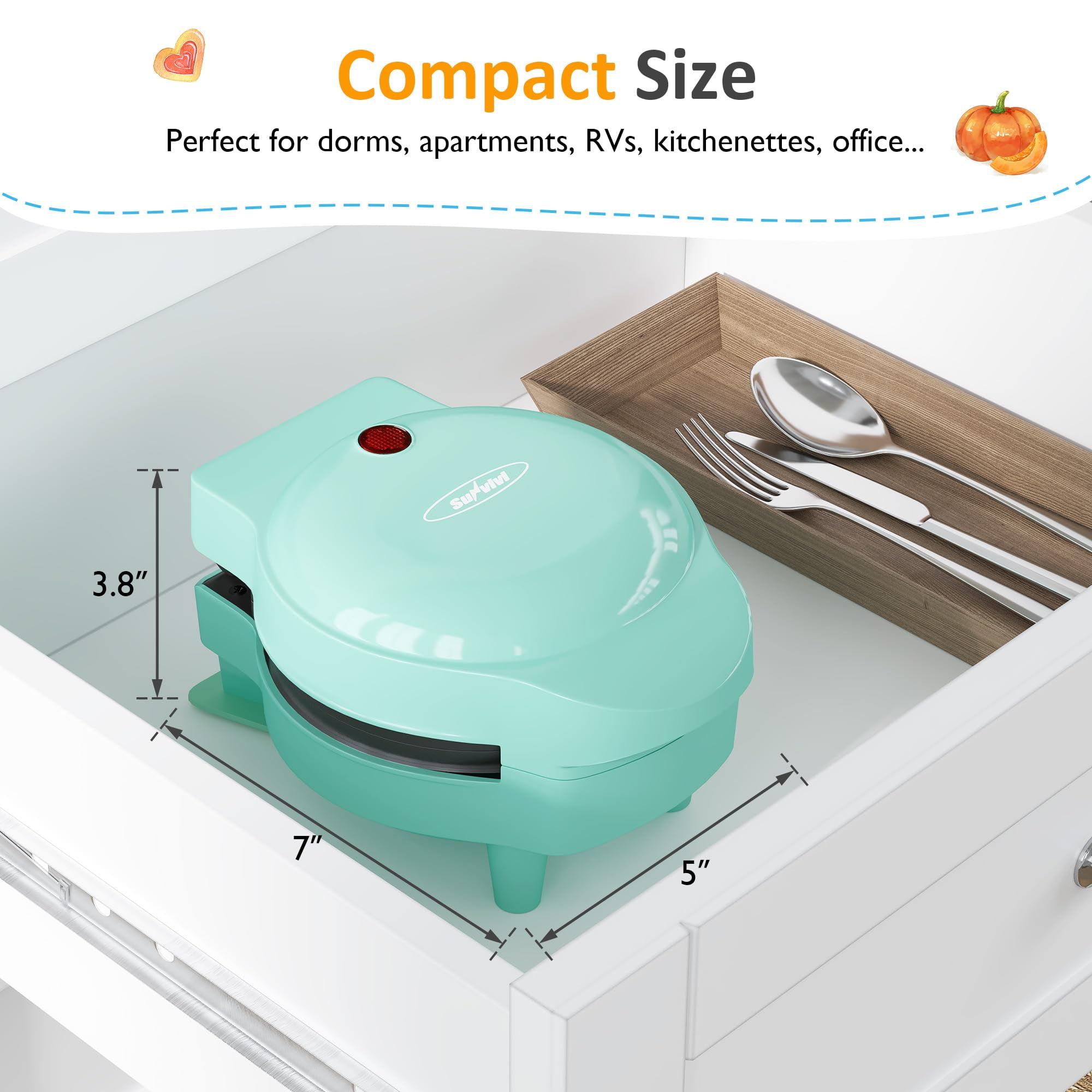 Heynemo 6 in 1 Mini Waffle Maker, 4” Waffle Iron with Removable Non-stick Plates, Perfect Mini Waffle Maker for Kids and Families, Light Blue
