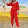 thumbnail image 4 of Idoravan Women Sets Clothing Womens Solid Color Long Sleeve Square Collar Cropped Slim Top + Casual Long Pants Suit Set, 4 of 6