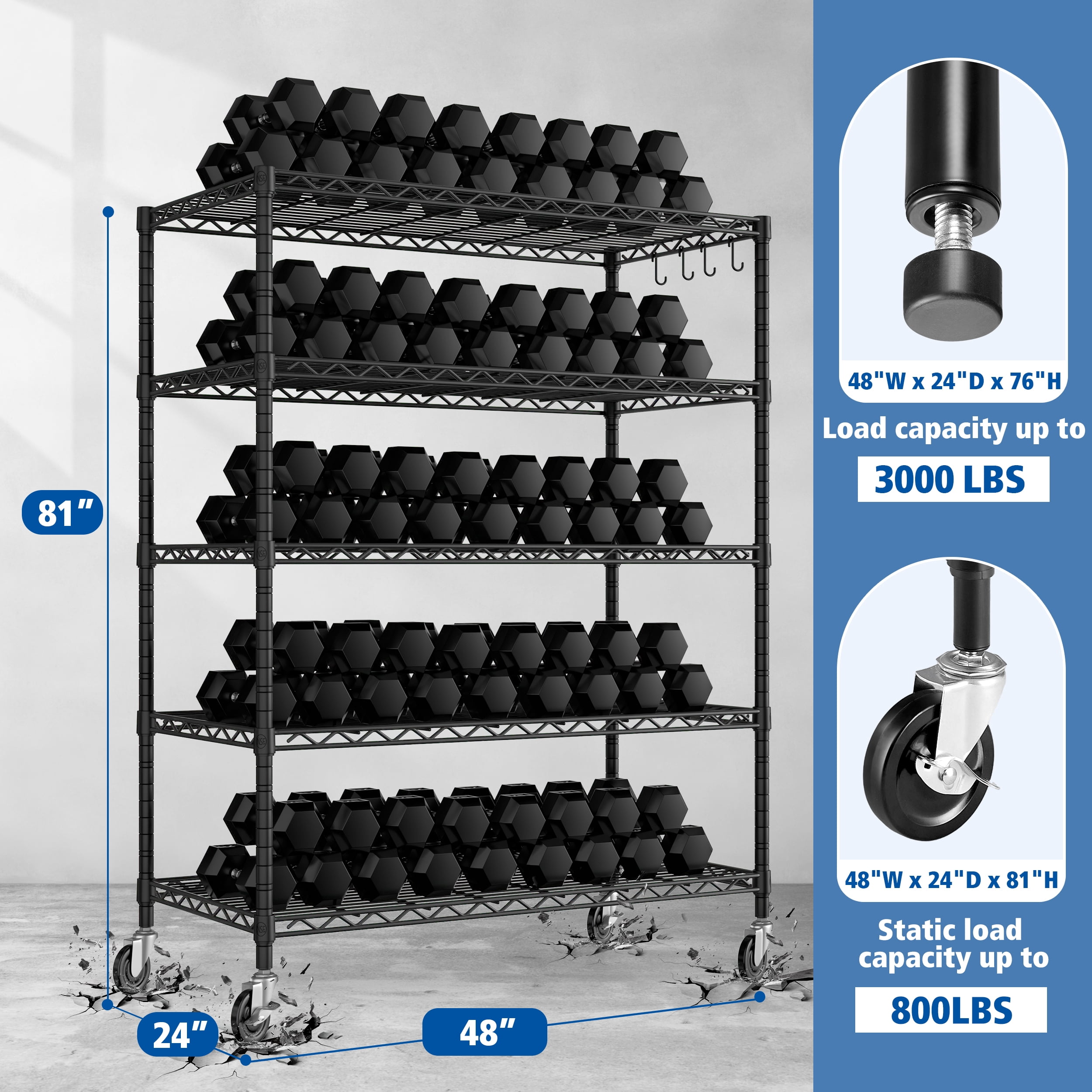 TrumanPick 5-Shelf Adjustable Heavy Duty Storage Shelves-48"W x 24"D x 76"H Metal Organizer, Garage Shelving with Wheel, Wire Shelf for Kitchen Pantry Warehouses Closets, Black