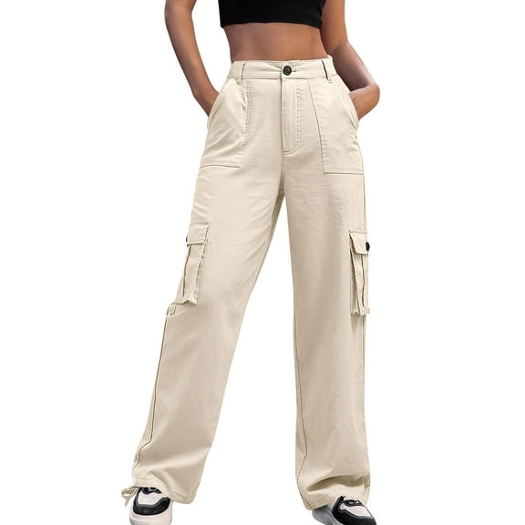 Inleife Women High Waisted Cargo Pants Wide Leg Casual Pants Pockets Military Trousers