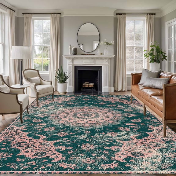 8'x10' Area Rugs, Turquoise Boho Indoor Outdoor Area Rug for Living Room Bedroom, Vintage Modern Geometric Abstract Washable Bathroom Rugs Kitchen Floor Carpet Mats Home Decor Aesthetic
