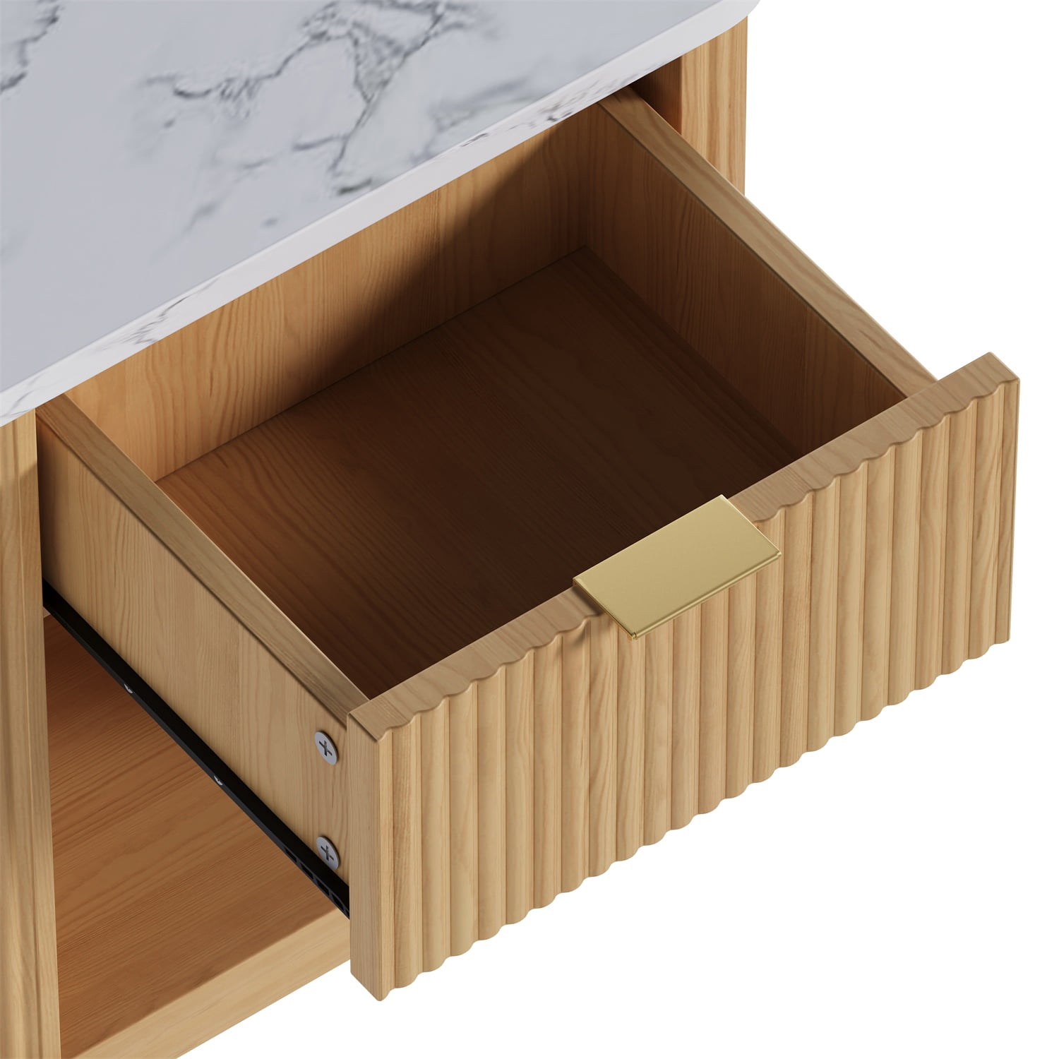 Hommoo Fluted Nightstand with Faux Marble Top, Gold Handle & Open Shelf, Modern Bedside Table for Bedroom, Living Room, Dorm & Guest Room, Natural