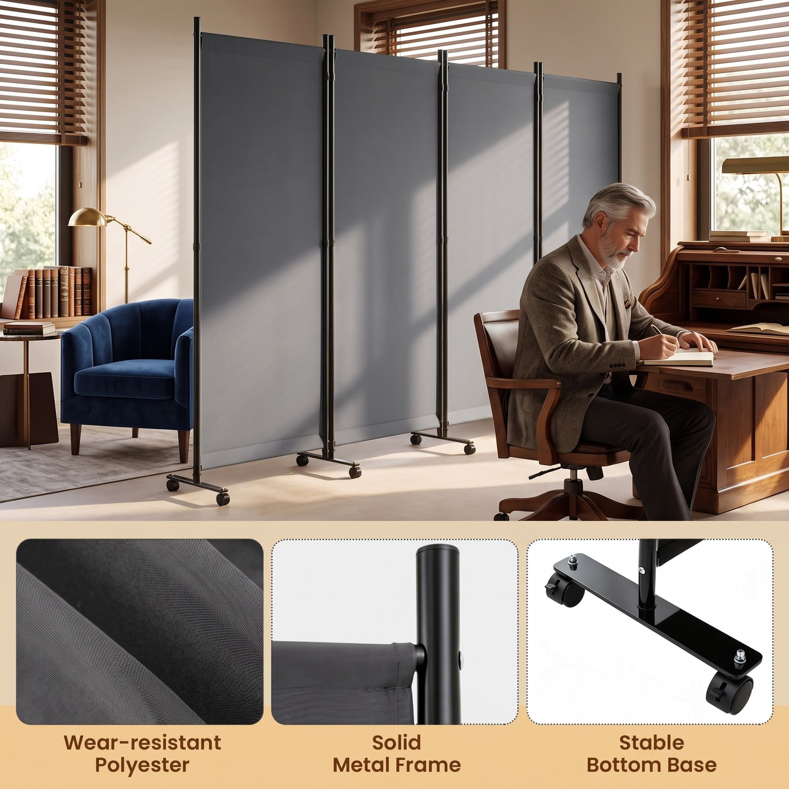Fenbeli 4 Panel Folding Room Divider Privacy Screen with Wheels, Freestanding Polyester Fabric Partition with Metal Frame for Living Room Bedroom Office, Gray