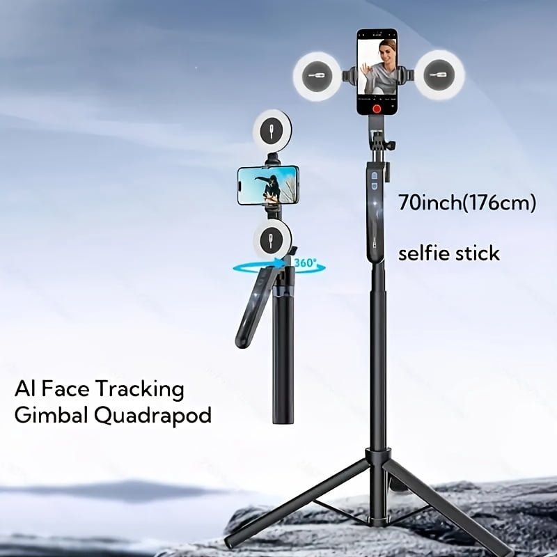 Auto Face Tracking Tripod 360° Rotation with Light, No App, 70.9" Motion Sensor Phone Tripod Stand, Face Body Phone Camera Mount Gesture Control for Vlog/Live Stream/Video Recording