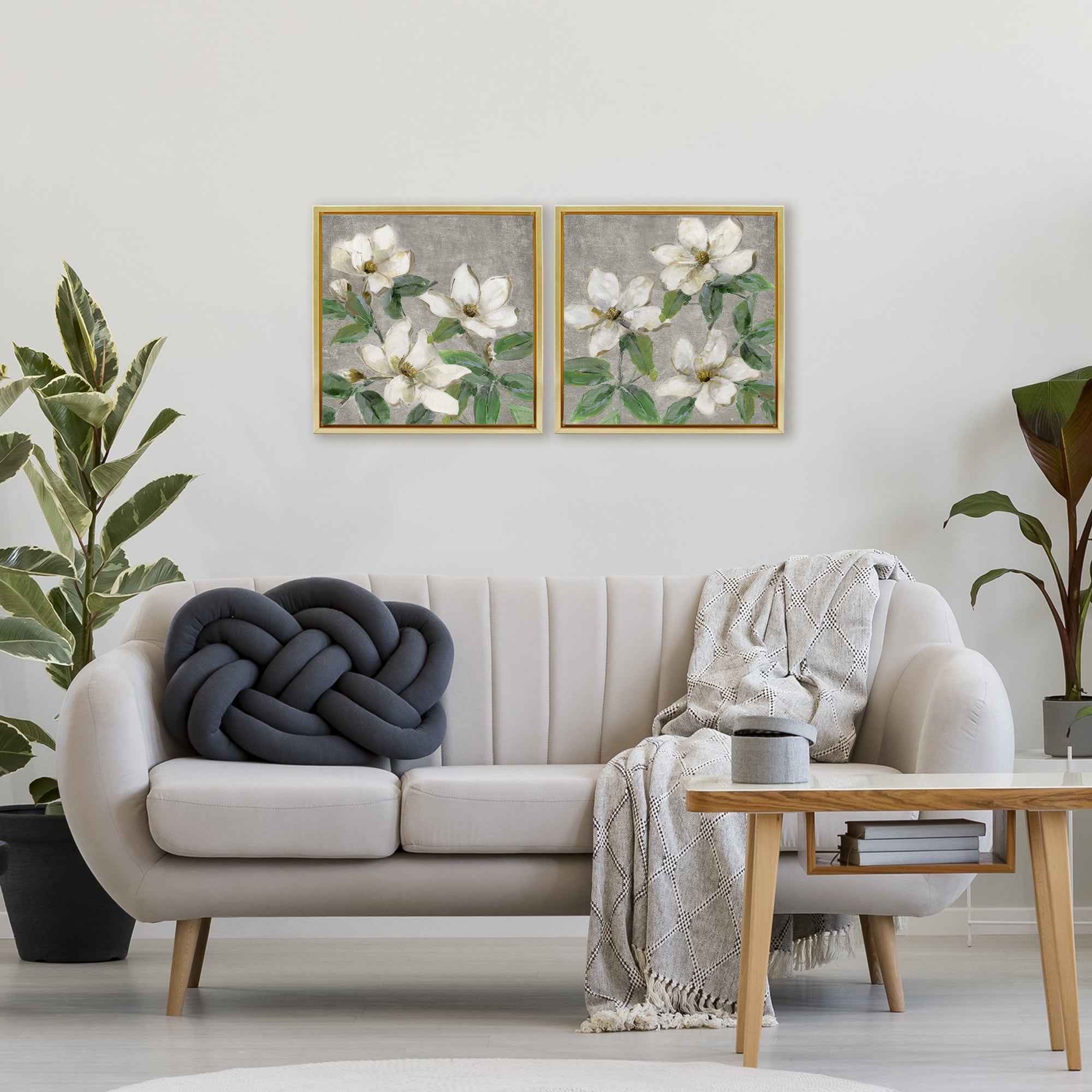Stupell Industries Blooming Ivory Magnolias 2 Piece Gold Framed Floater Canvas Set, design by Sally Swatland
