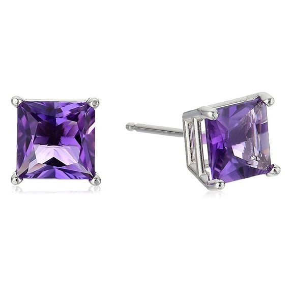 10k White Gold Plated 4 Carat Princess Cut Created Amethyst Sapphire Stud Earrings