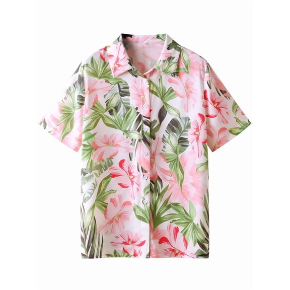 67 Women Vintage Floral Print Lapel Collar Button Down Short Sleeve Shirt