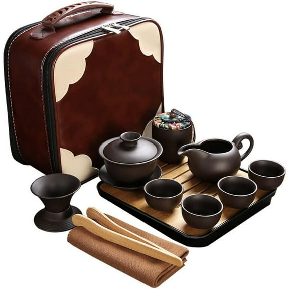 Travel Tea Sets Zisha Traditional Chinese Kung Fu Teapot Set 12 PACK Tea Bowl Cup Set Tea Infuser Purple Clay Tea Pot,Teacups,Tea Canister, Bamboo Tray in One Gift Bag for Adults, Outdoor Home