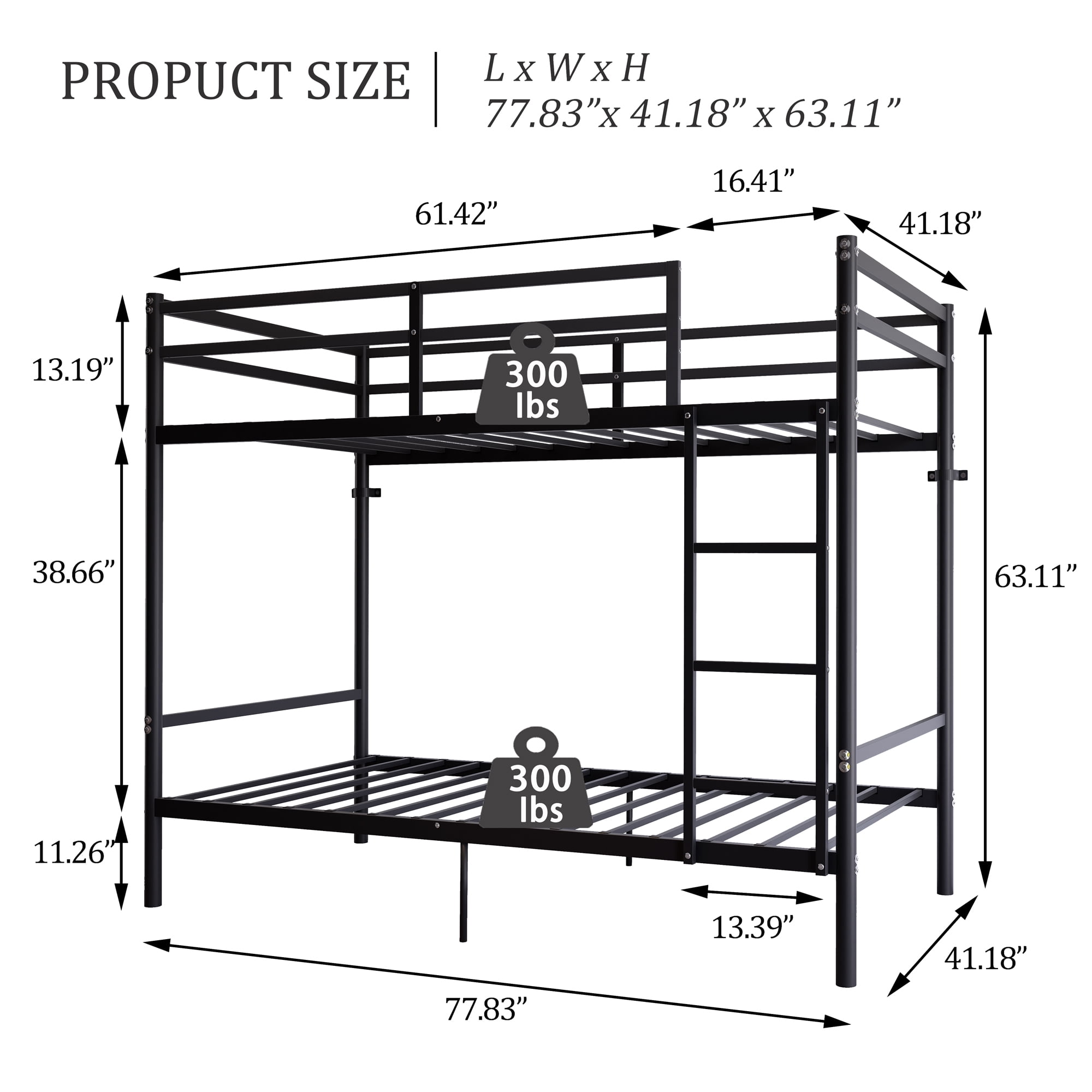 MAYEERTY Twin Over Twin Metal Bunk Bed with Ladder and High Guardrail, Space-Saving for Kids Teens Adults Bedroom Dorm, No Box Spring Needed