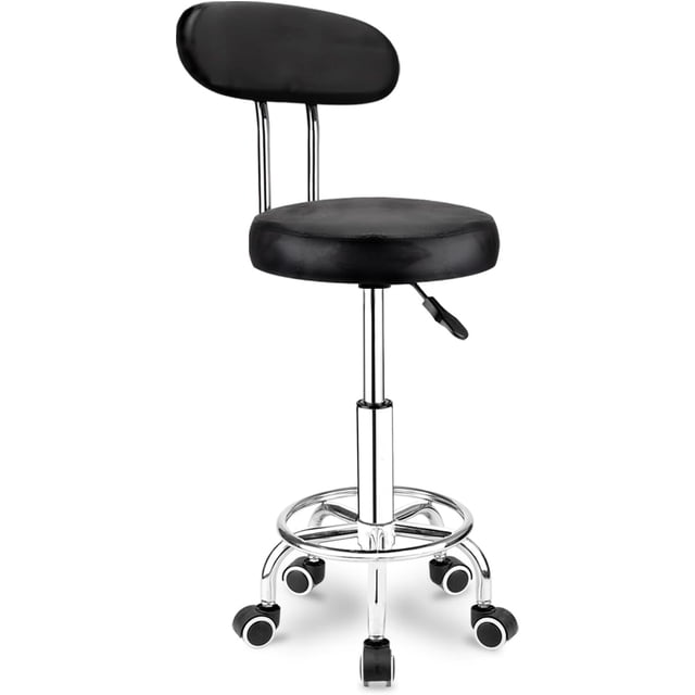 Banco Multifuncional Acojinado Taburete Multiusos con Ruedas Redondo Banco De Trabajo con Ruedas Silla Giratoria con Reposapiés De Altura Ajustable Oficina Salón SPA Tatuajes (Con Respaldo)