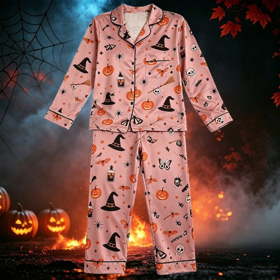 Angala Halloween Pajamas For Little Boys Girls Pumpkin Witch Hat Graphic Pjs Outfits Long Sleeve Pants Set Kid Fall Pyjamas
