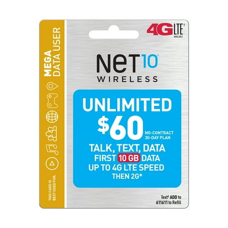 Net10 $60 Unlimited 30 Day Plan (10GB of data at high speed, then 2G*) (Email Delivery)