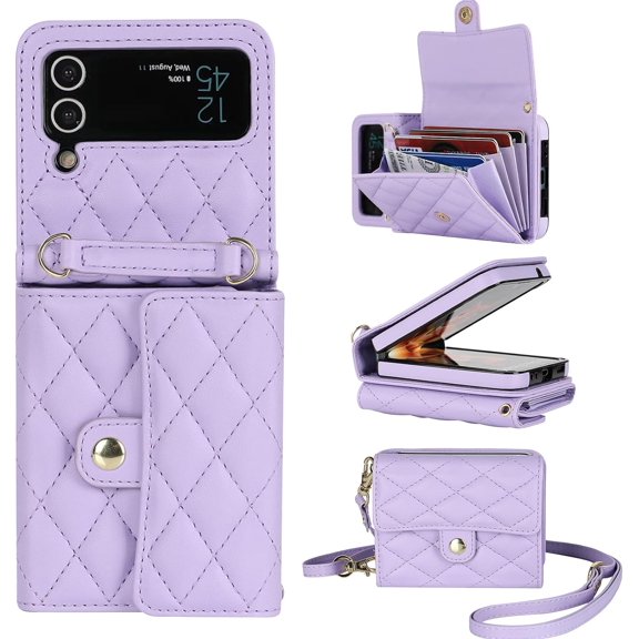 ZUKKASHAN for Samsung Galaxy Z Flip 3 Leather Crossbody Wallet Phone Case with Adjustable Removable Lanyard Strap, for Women Girls Cute Luxury Protective Cover with Card Slots