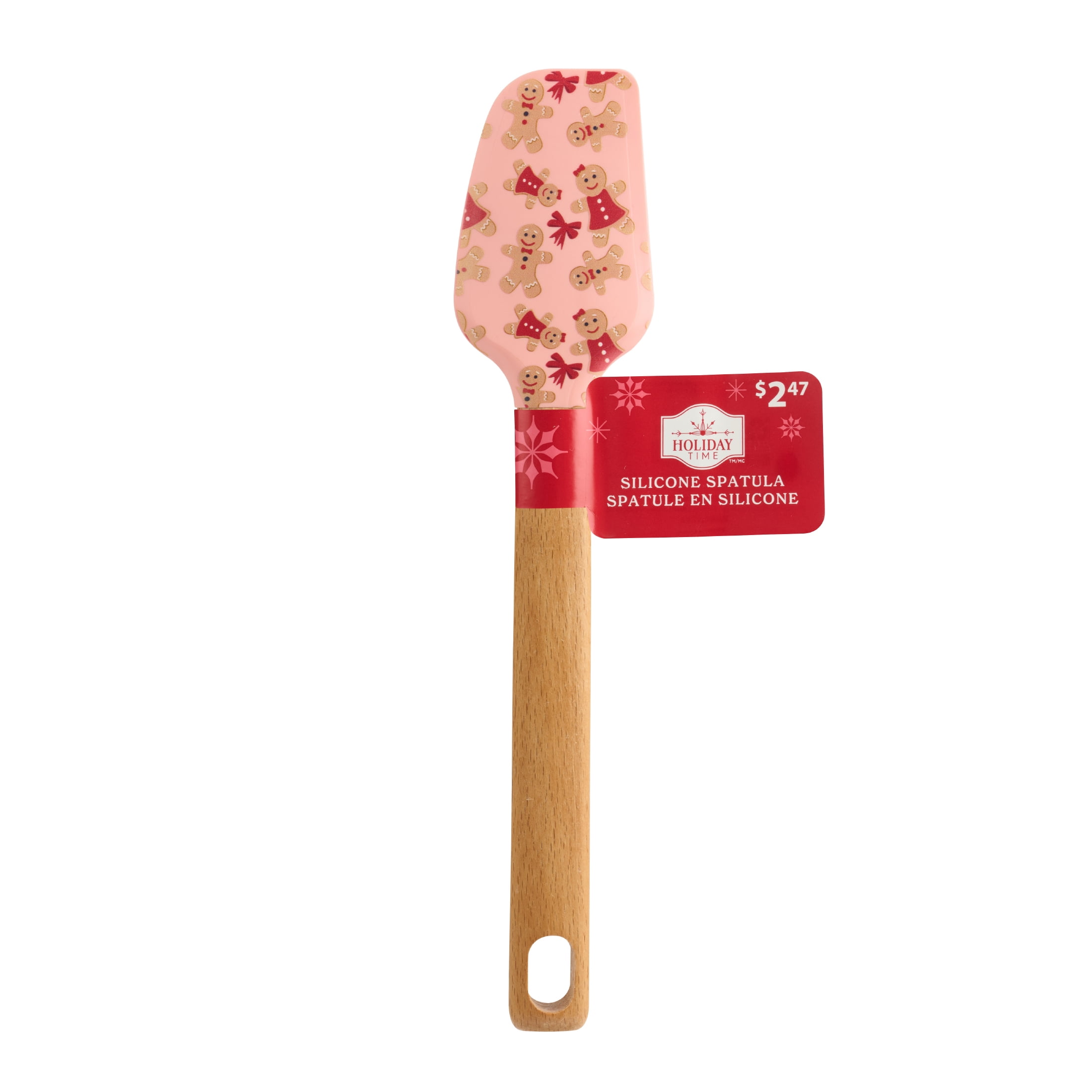 Holiday Time Silicone and Beechwood Spatula, Gingerbread Cookies, Pink