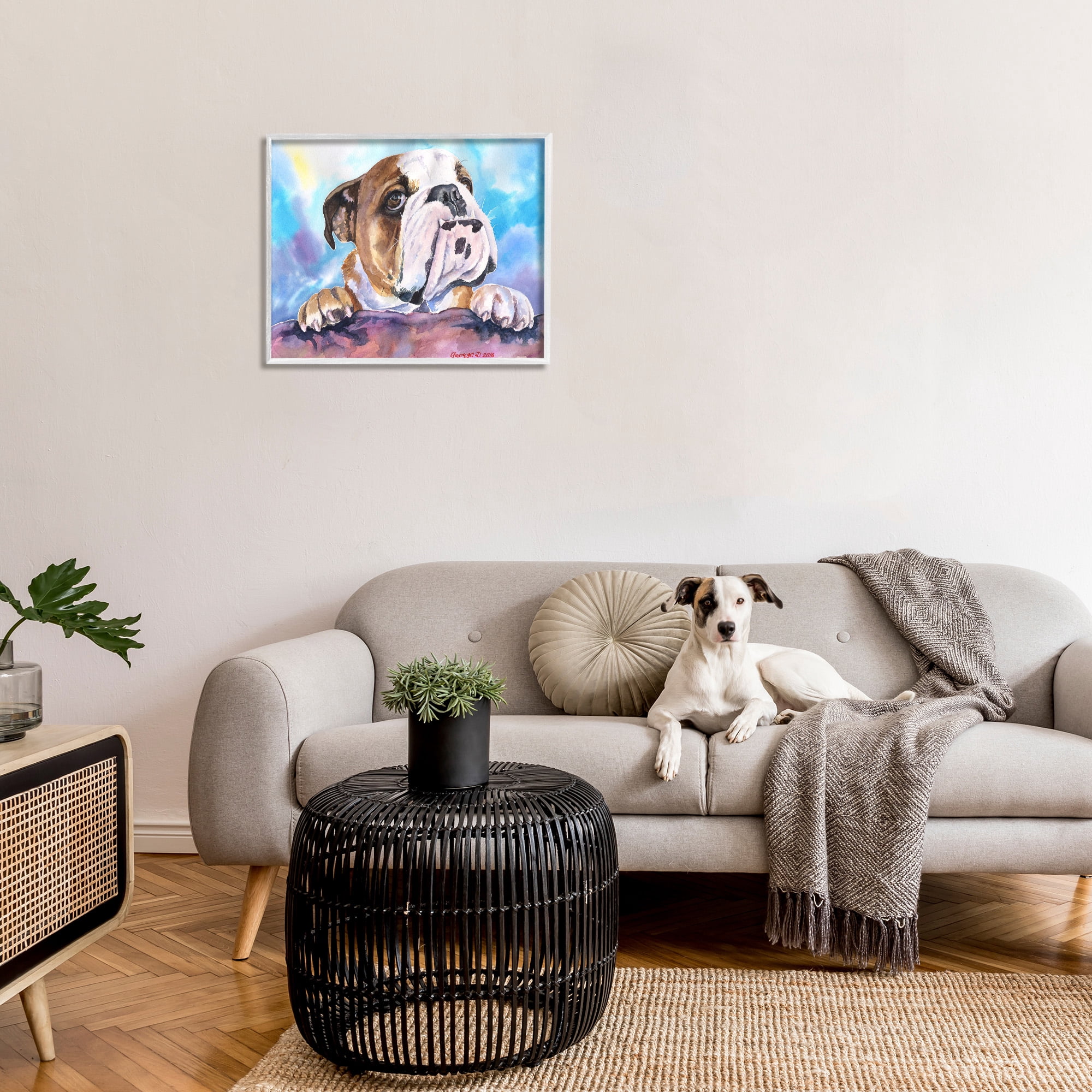 Stupell Industries English Bulldog Dog Pet Watercolor Animals & Insects Painting White Framed Art Print Wall Art, 30 x 24